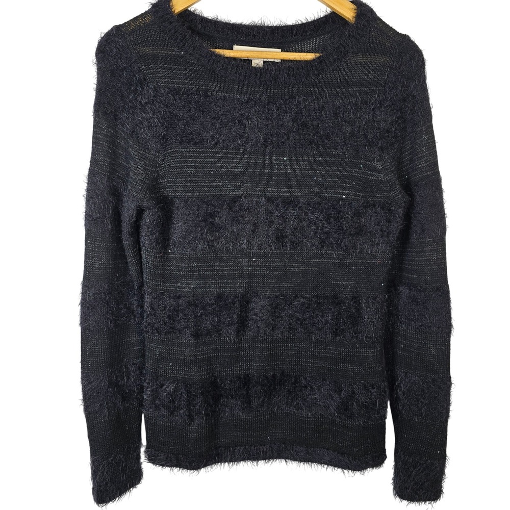 LOFT‎ Womens Black Fuzzy Sequin Striped Long Sleeve Sweater Size S